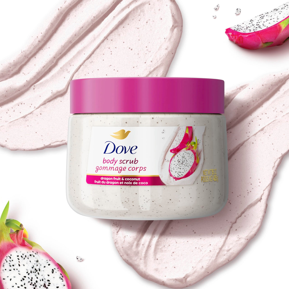 Dove Body Scrub Dragon Fruit & Coconut Cream packaging details