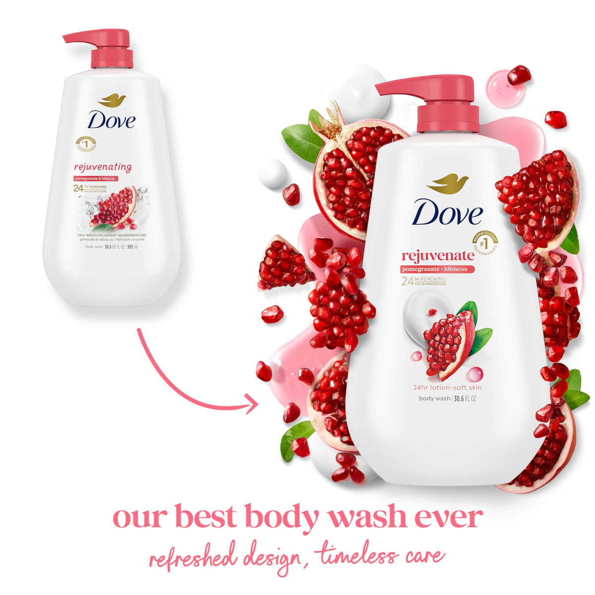 Dove Body Wash Pomegranate & Hibiscus 30.6 oz pump with label details