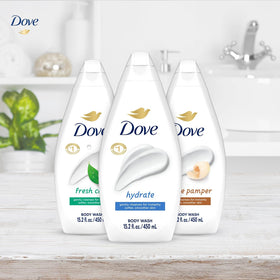 Dove Body Wash Variety 3-Pack displayed on a bathroom shelf