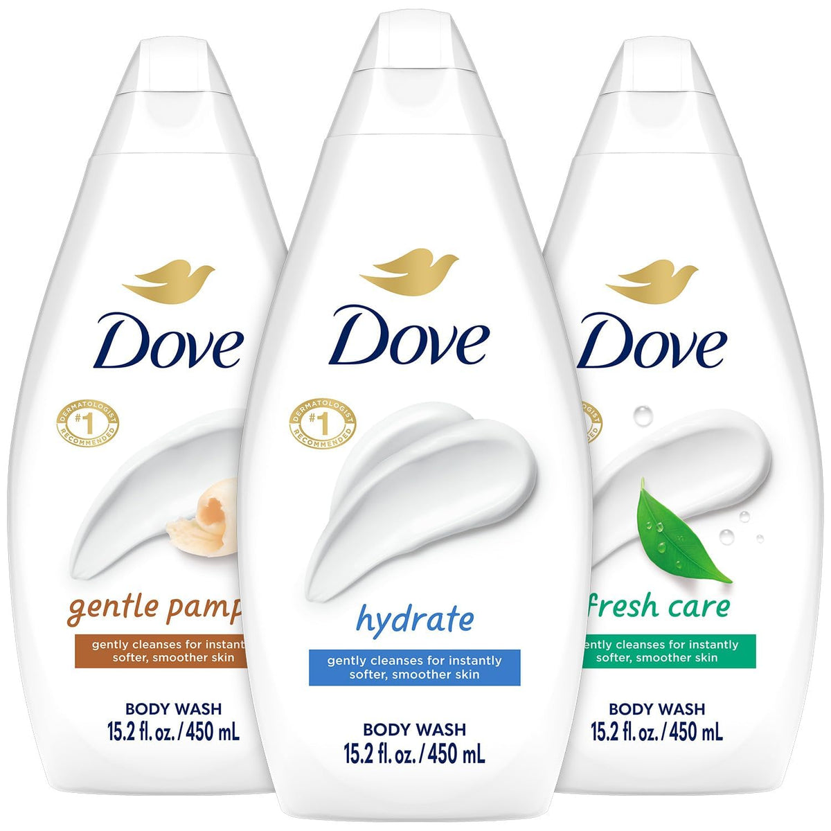 Dove Body Wash Variety 3-Pack including Hydrate, Fresh Care, and Gentle Pamper bottles