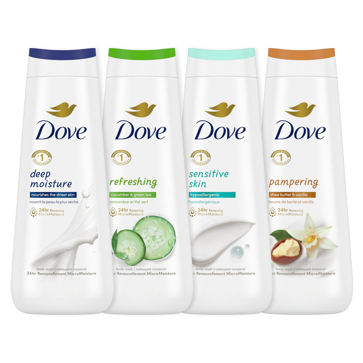 Dove Body Wash Variety Collection 20oz front view with four bottles