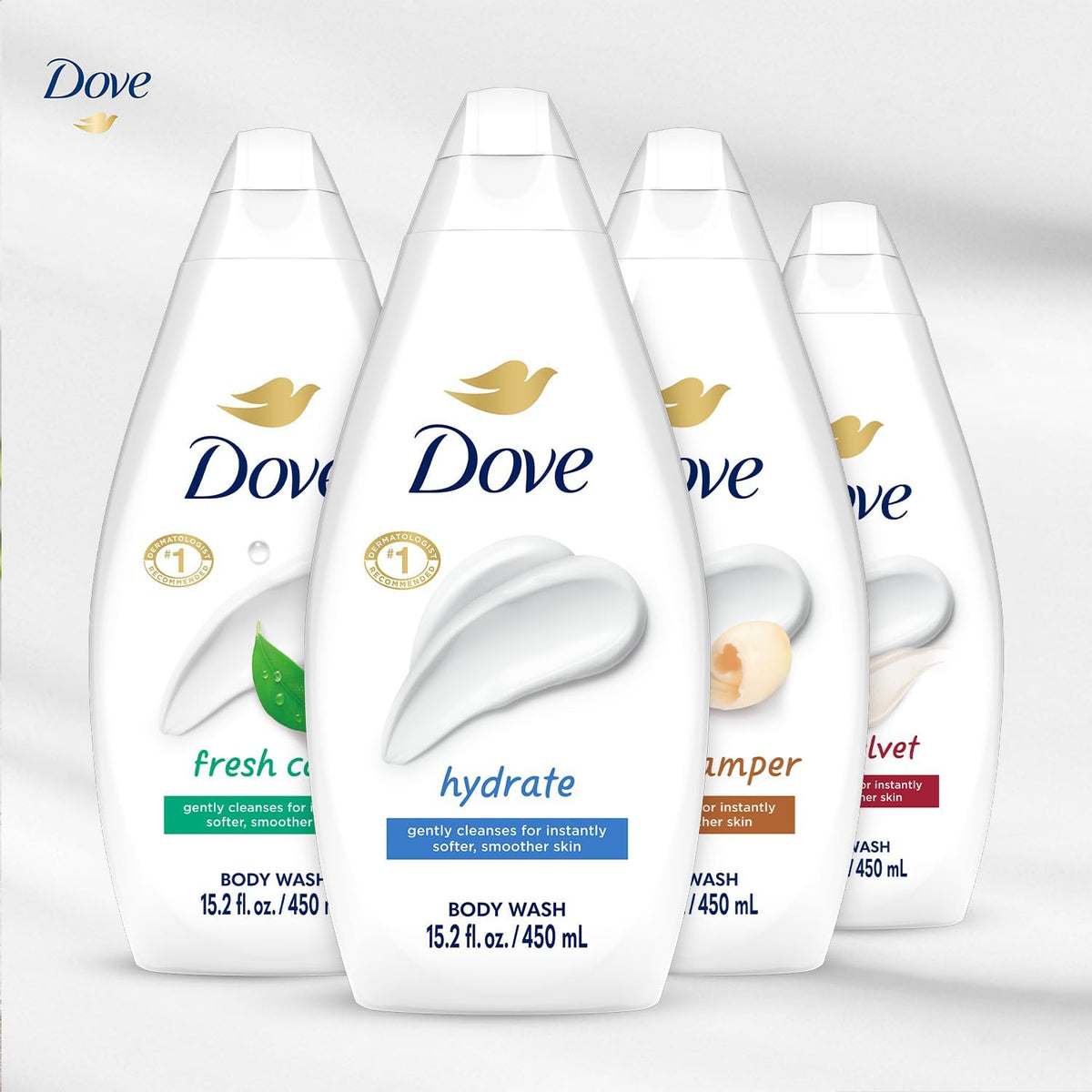 Dove body wash variety pack showing all six bottles