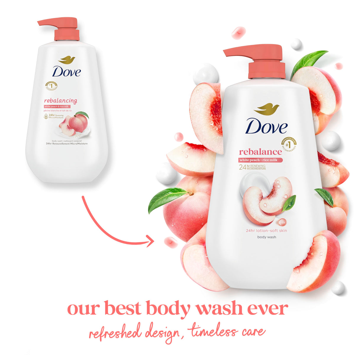Dove Body Wash White Peach & Rice Milk 30.6 oz pump with ingredients