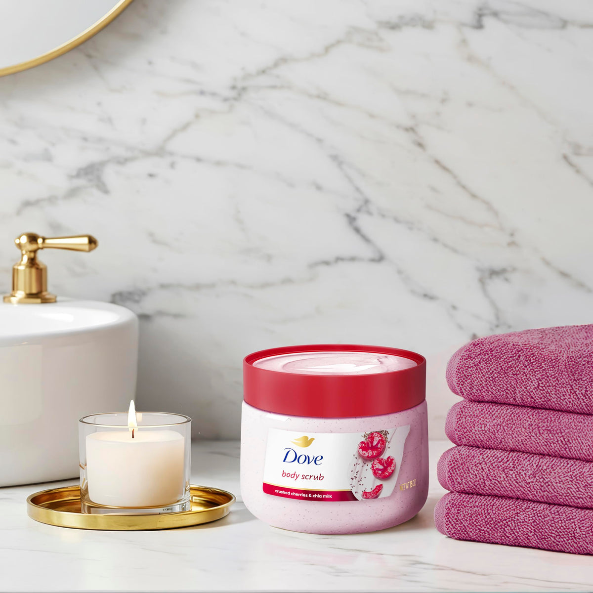 Dove Cherry & Chia Milk Body Scrub packaging details