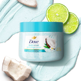 Dove Coconut & Lime Body Scrub 15 oz on a bathroom counter