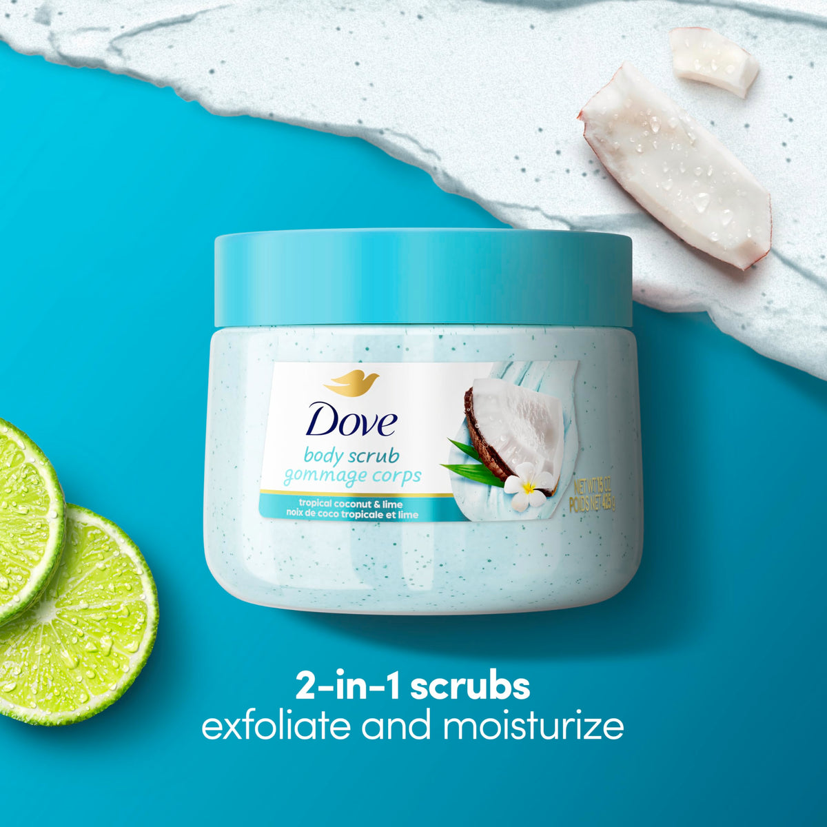 Dove Coconut & Lime Body Scrub 15 oz packaging with tropical design