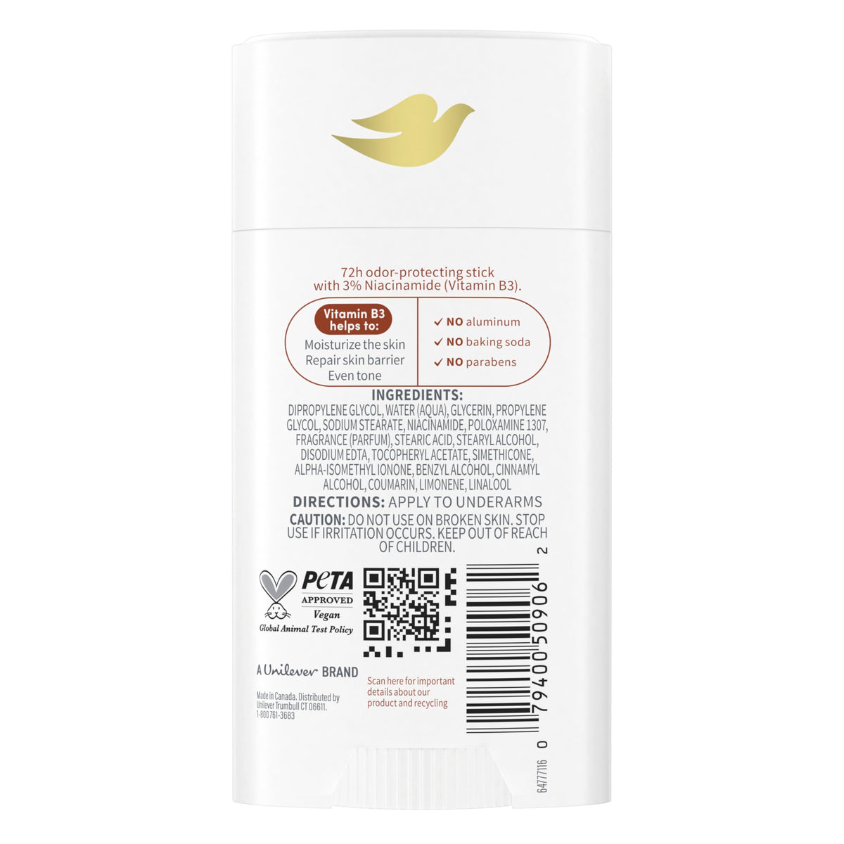 Dove Coconut & Shea Butter deodorant stick showing ingredients