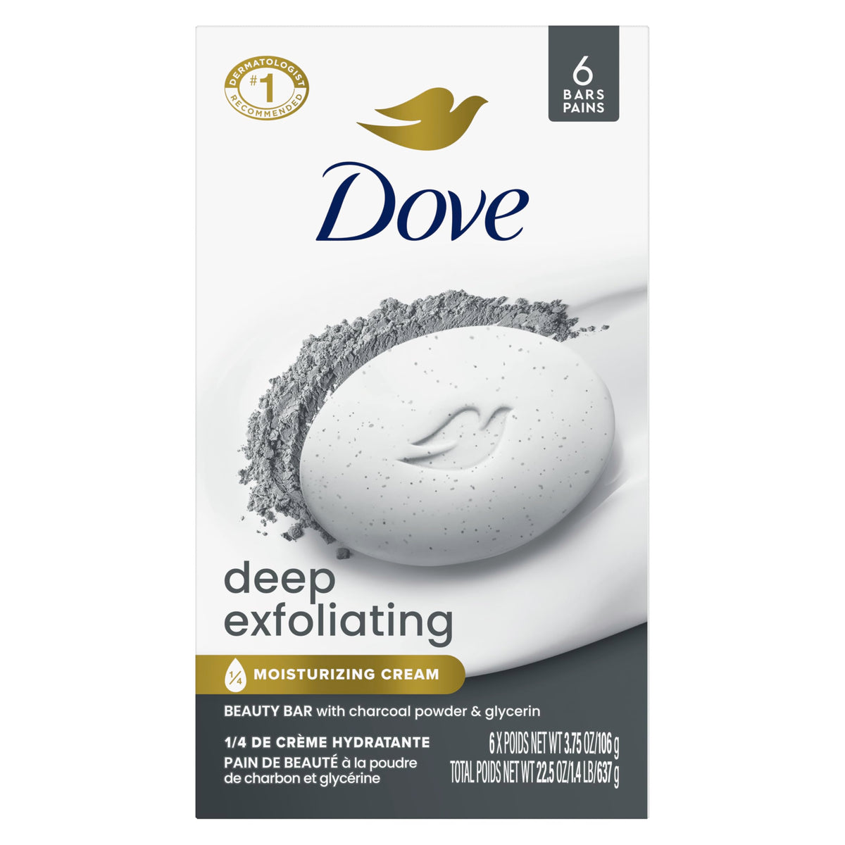 Dove Deep Exfoliating Beauty Bar Soap front view with charcoal powder