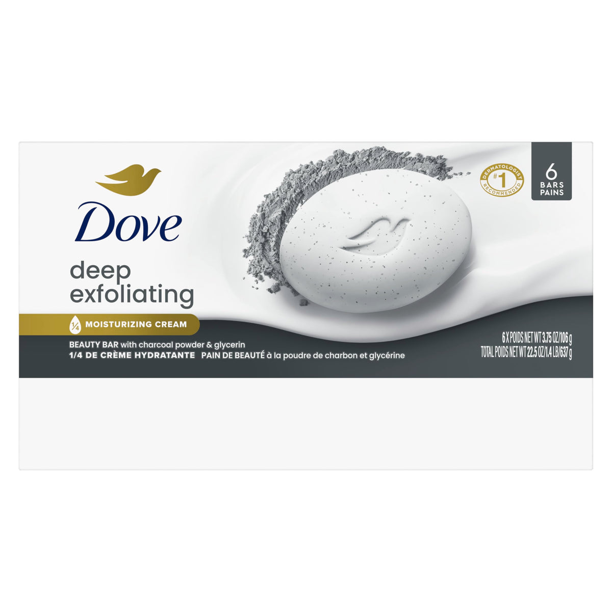 Dove Deep Exfoliating Beauty Bar Soap packaging with 6 count