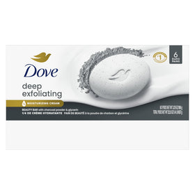 Dove Deep Exfoliating Beauty Bar Soap packaging with 6 count