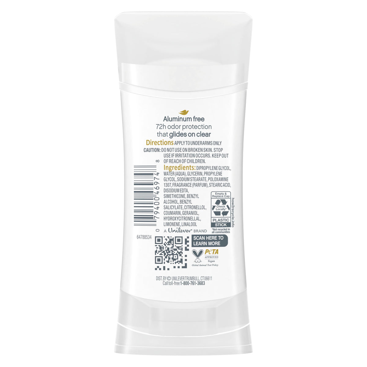 Dove deodorant stick Lavender and Vanilla with cap off