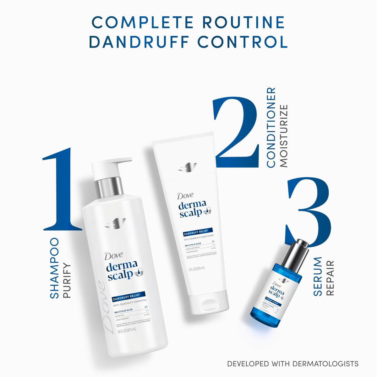 Dove Derma Scalp Dandruff Relief Shampoo 16oz in bathroom setting