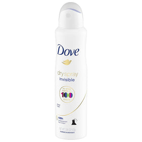 Dove Dry Spray Antiperspirant pack displayed on a bathroom counter