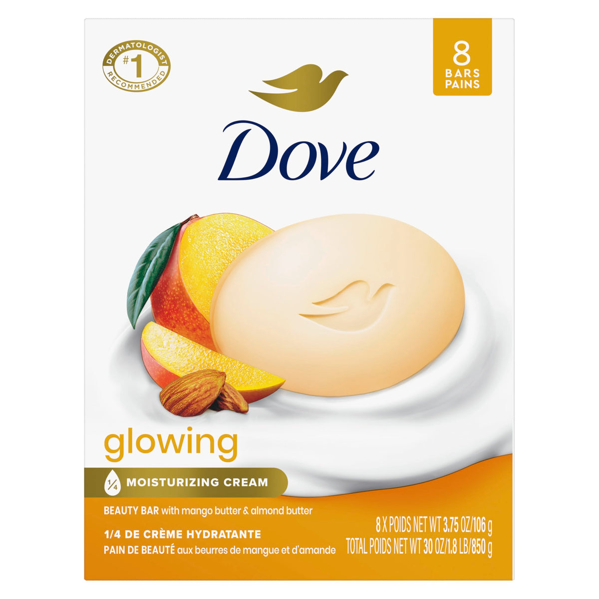 Dove Glowing Beauty Bar Soap 8 Count packaging front view