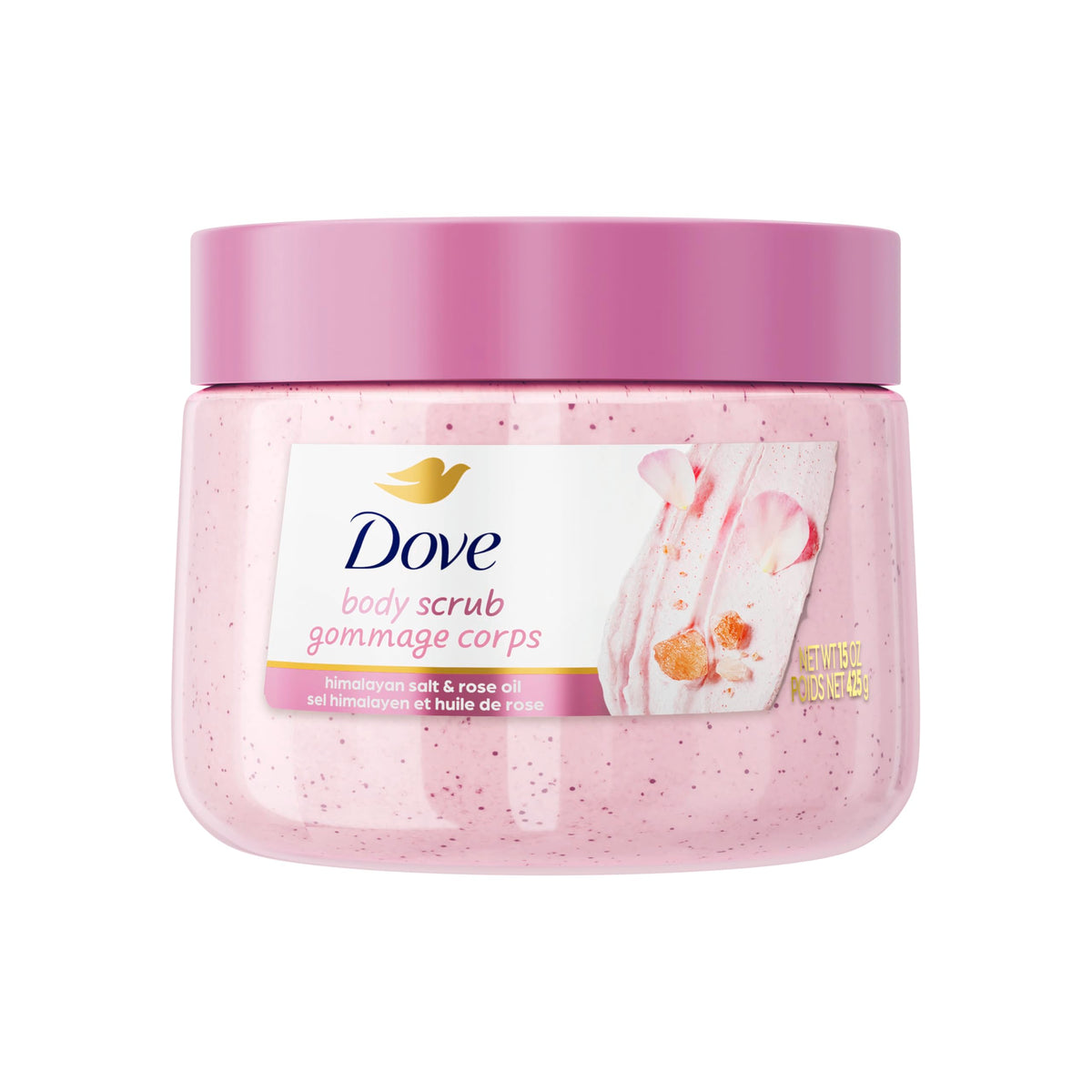 Dove Himalayan Salt & Rose Oil Body Scrub front view 15 oz