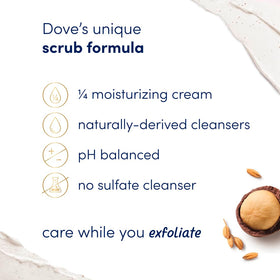Dove Macadamia Rice Milk Body Scrub packaging with floral background