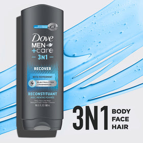 DOVE MEN + CARE 3-IN-1 Body + Face + Hair Wash back view, ingredient details