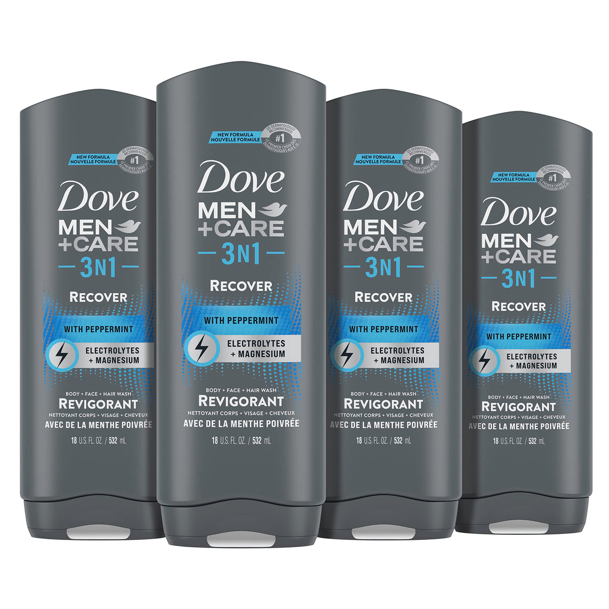 DOVE MEN + CARE 3-IN-1 Body + Face + Hair Wash front view, 18 oz bottle