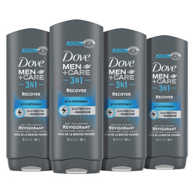 DOVE MEN + CARE 3-IN-1 Body + Face + Hair Wash front view, 18 oz bottle