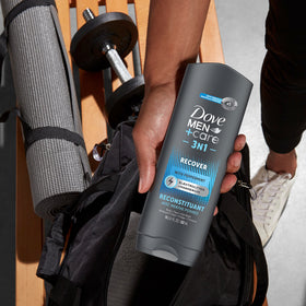 DOVE MEN + CARE 3-IN-1 Body + Face + Hair Wash packaging with recycled bottle label