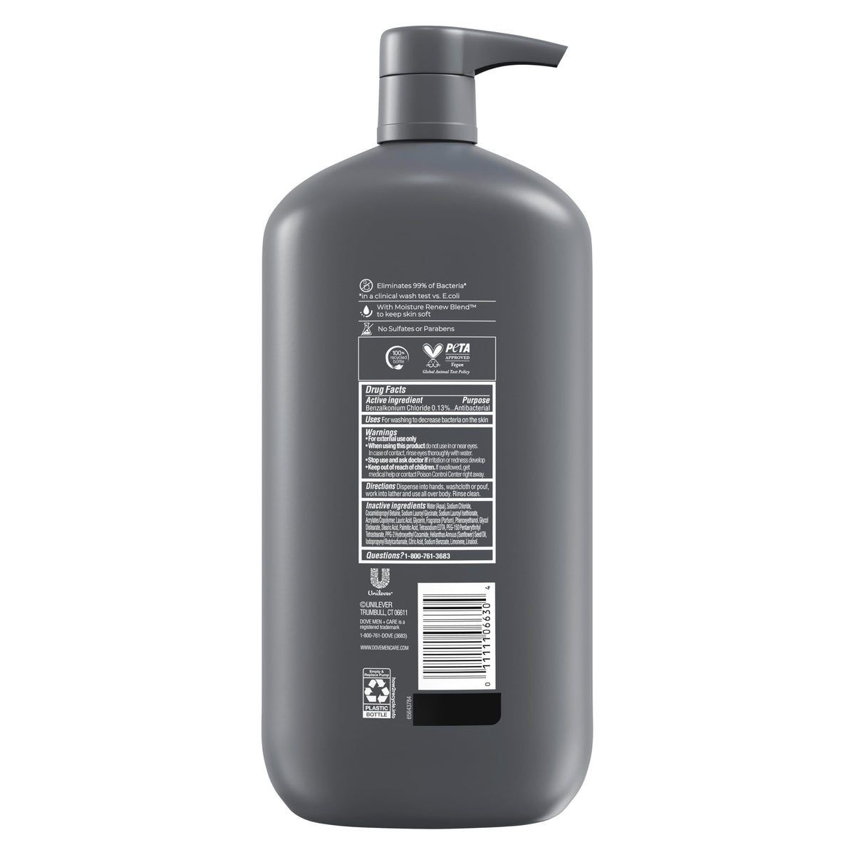 DOVE MEN + CARE Antibacterial Body Wash 30 fl oz back view