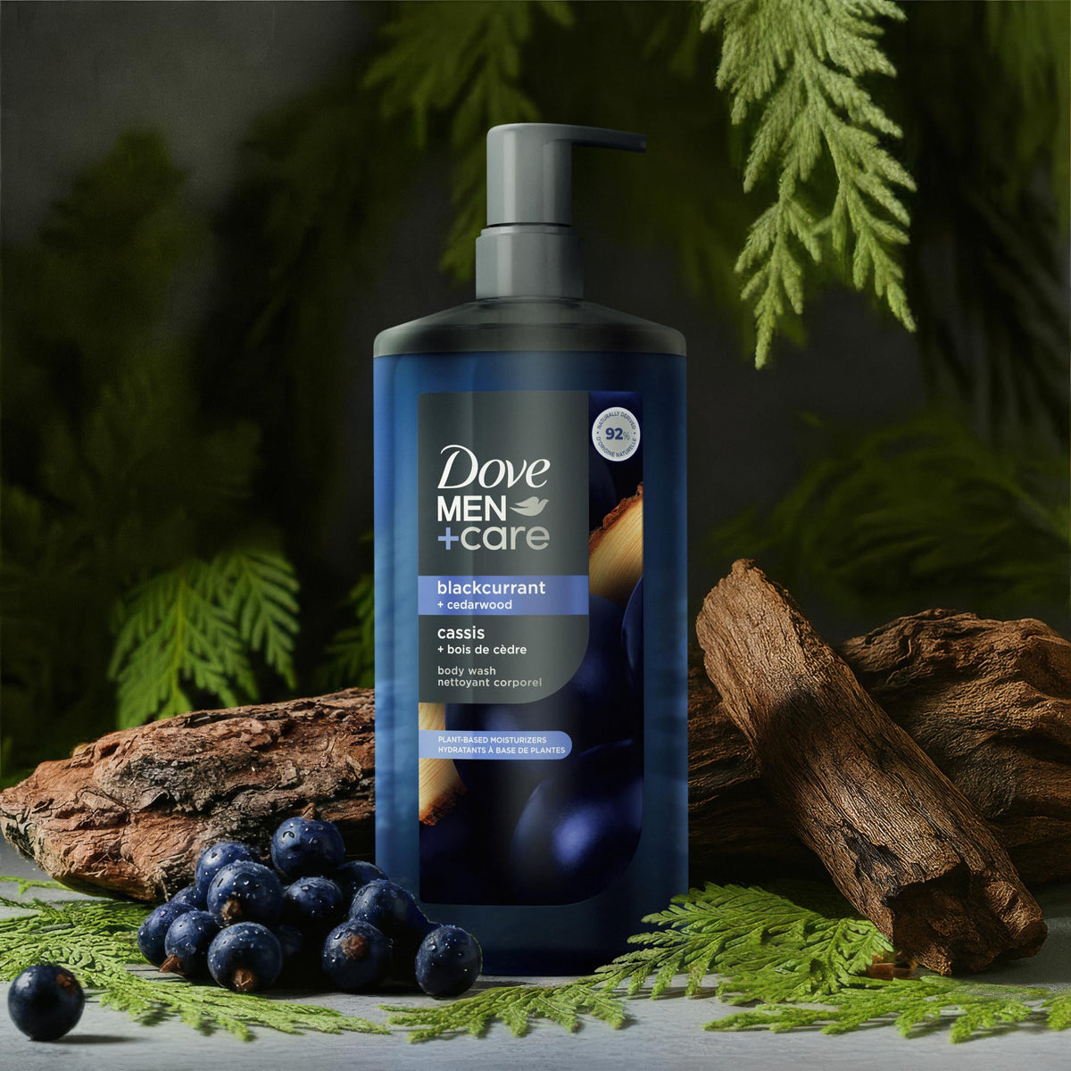 DOVE MEN + CARE Blackcurrant + Cedarwood Body Wash bottle side view