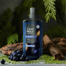 DOVE MEN + CARE Blackcurrant + Cedarwood Body Wash bottle side view