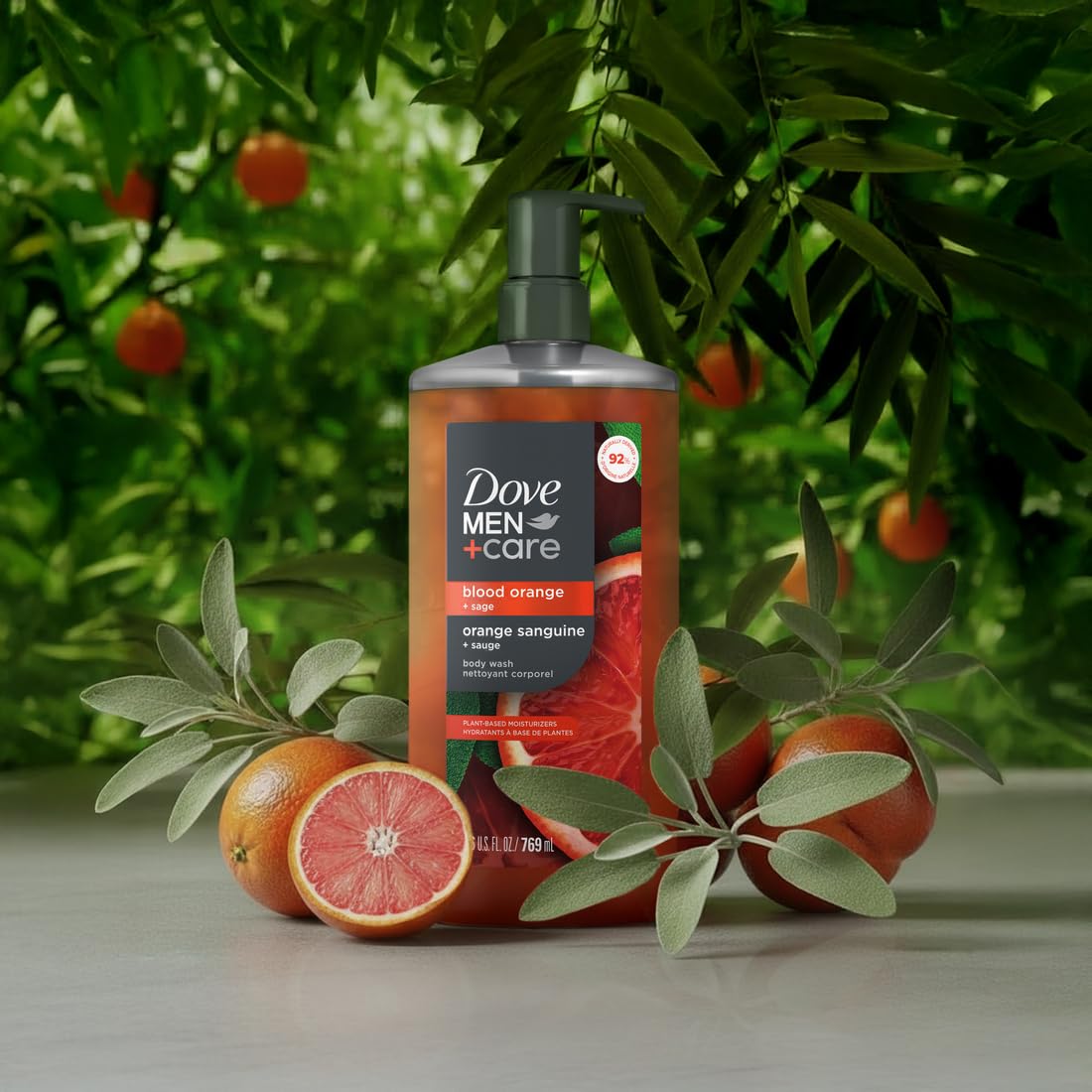 DOVE MEN + CARE Blood Orange + Sage Body Wash back view showing ingredients