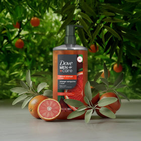 DOVE MEN + CARE Blood Orange + Sage Body Wash back view showing ingredients