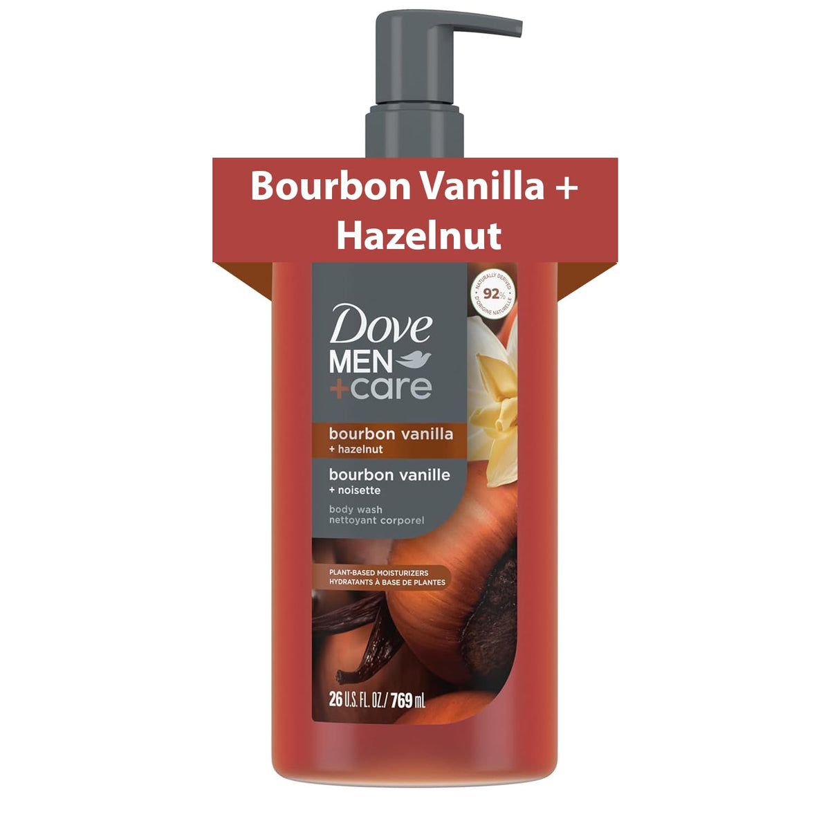 DOVE MEN + CARE Bourbon Vanilla + Hazelnut Body Wash front view 26 oz