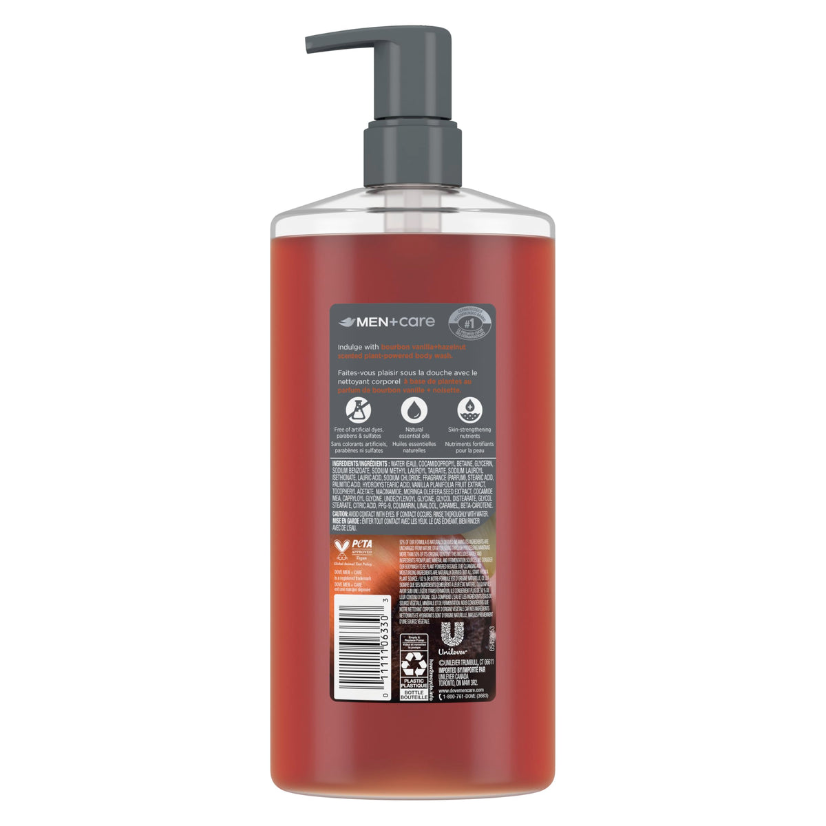DOVE MEN + CARE Bourbon Vanilla + Hazelnut Body Wash pump bottle side view