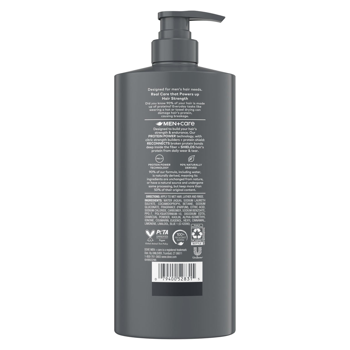 DOVE MEN + CARE Charcoal + Clay 2-in-1 Shampoo back view with ingredients