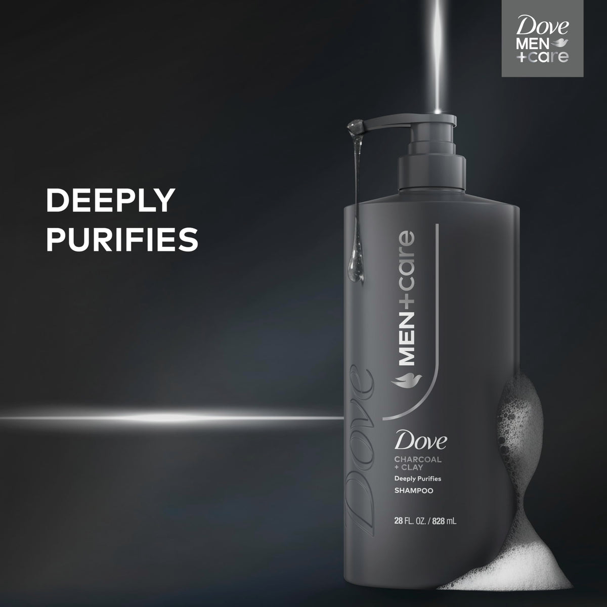 DOVE MEN + CARE Charcoal + Clay 2-in-1 Shampoo in a bathroom setting