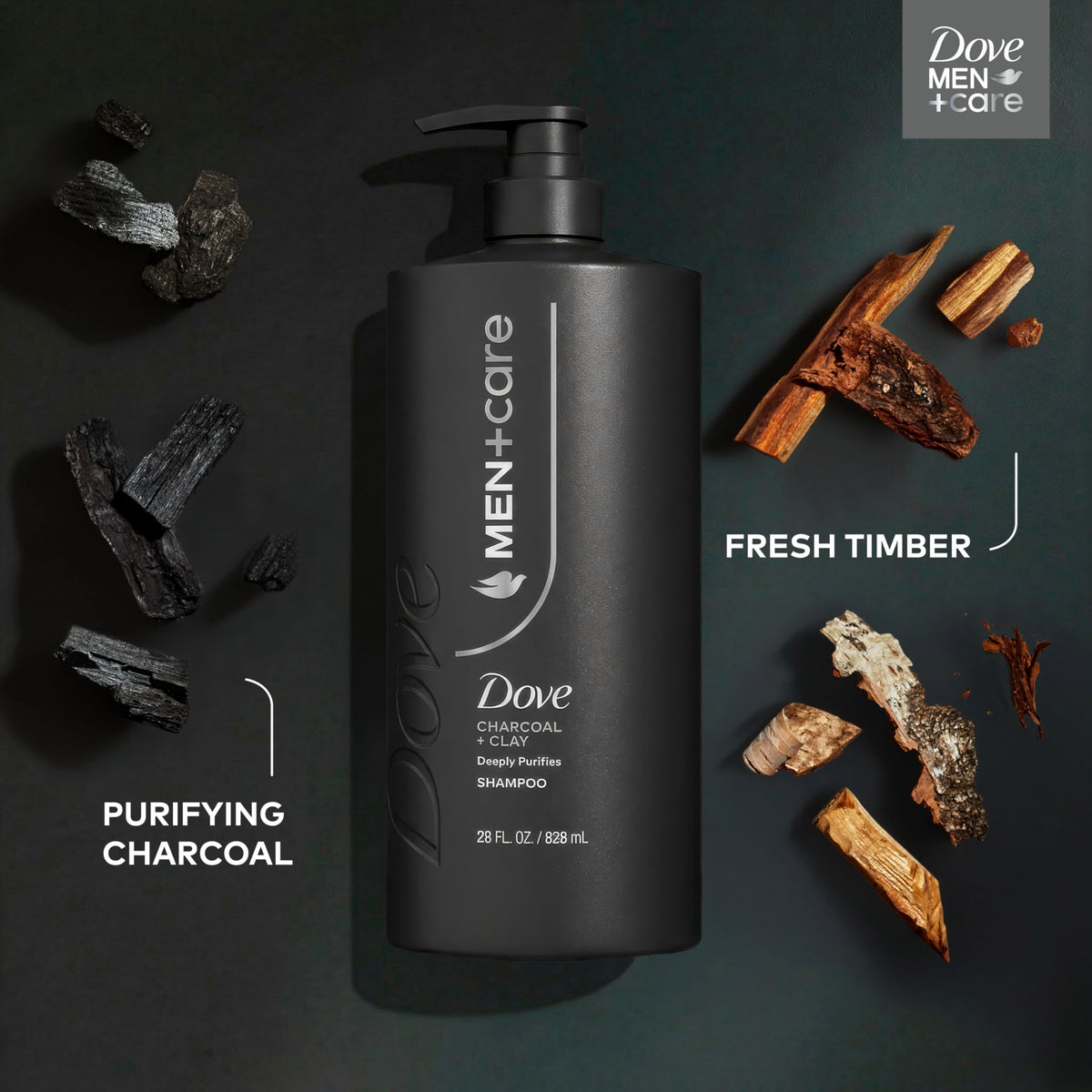 DOVE MEN + CARE Charcoal + Clay 2-in-1 Shampoo on a shower shelf
