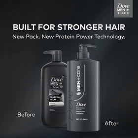 DOVE MEN + CARE Charcoal + Clay 2-in-1 Shampoo side view showing pump