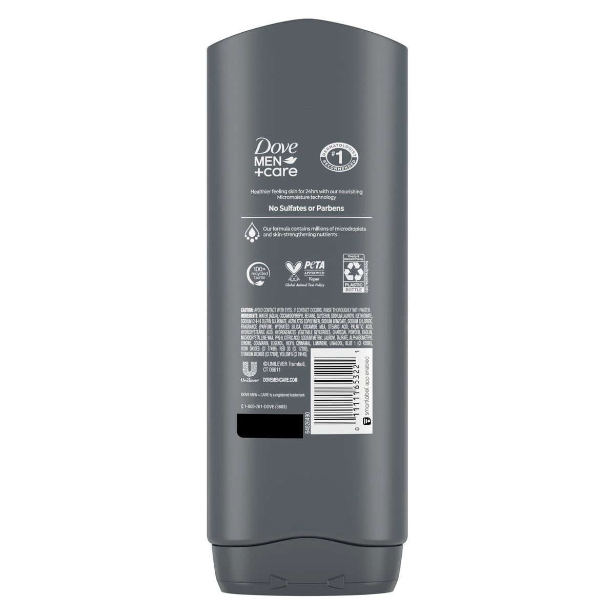 DOVE MEN + CARE Charcoal + Clay Body Wash 18 oz bottle side view