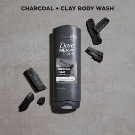 DOVE MEN + CARE Charcoal + Clay Body Wash lathering on hands