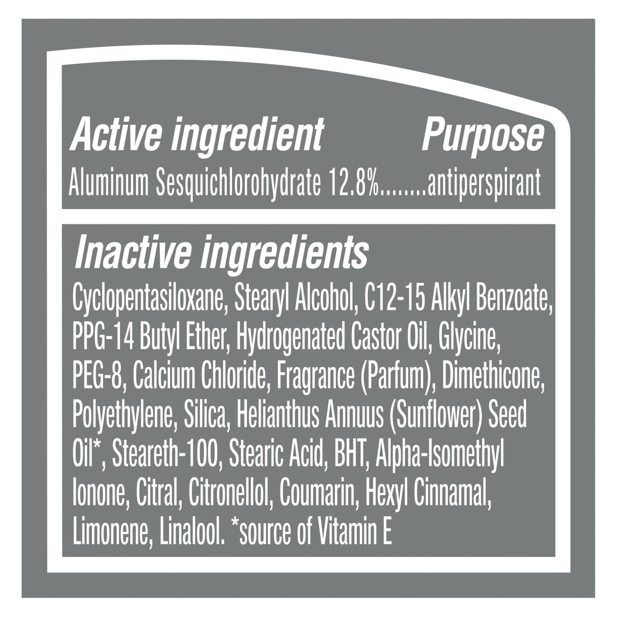 DOVE MEN + CARE Clean Comfort Antiperspirant ingredients list on packaging