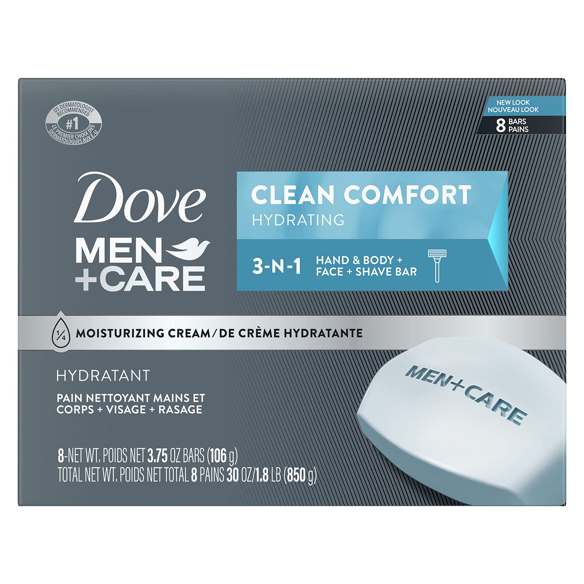 DOVE MEN + CARE Clean Comfort Body and Face Bar packaging front view