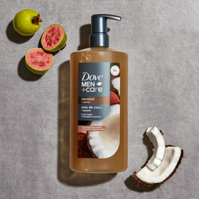 DOVE MEN + CARE Coconut + Guava Body Wash in bathroom setting