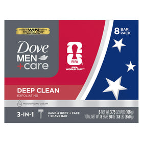 DOVE MEN + CARE Deep Clean Body and Face Bar Soap 8 Bars packaging