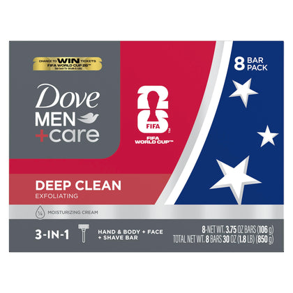 DOVE MEN + CARE Deep Clean Body and Face Bar Soap 8 Bars packaging