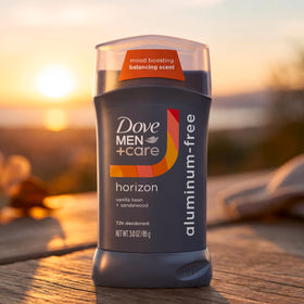 DOVE MEN + CARE Deodorant Stick Vanilla Bean & Sandalwood on a bathroom shelf