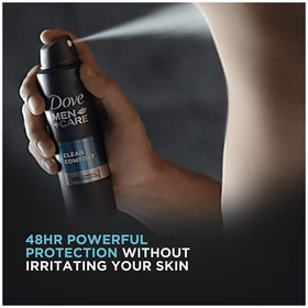 DOVE MEN + CARE Dry Spray Antiperspirant Clean Comfort on a bathroom shelf