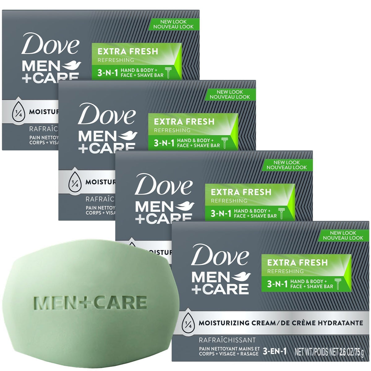 Dove Men+Care Refreshing Soap Bar 3-in-1 Extra Fresh 4-Pack front view