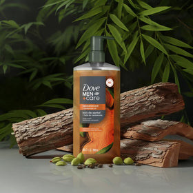 DOVE MEN + CARE Sandalwood Body Wash bottle with lather