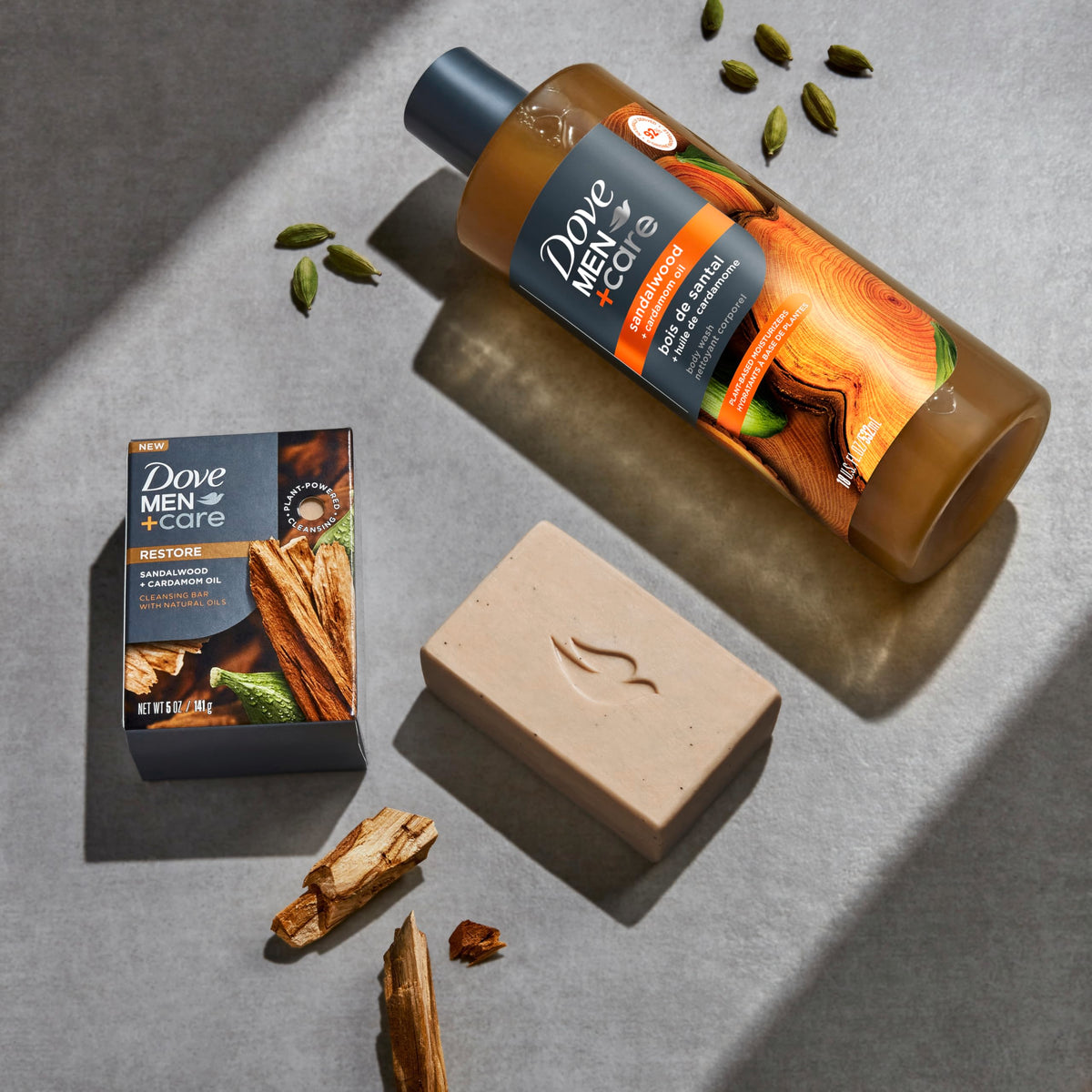 DOVE MEN + CARE Sandalwood Body Wash on a bathroom shelf