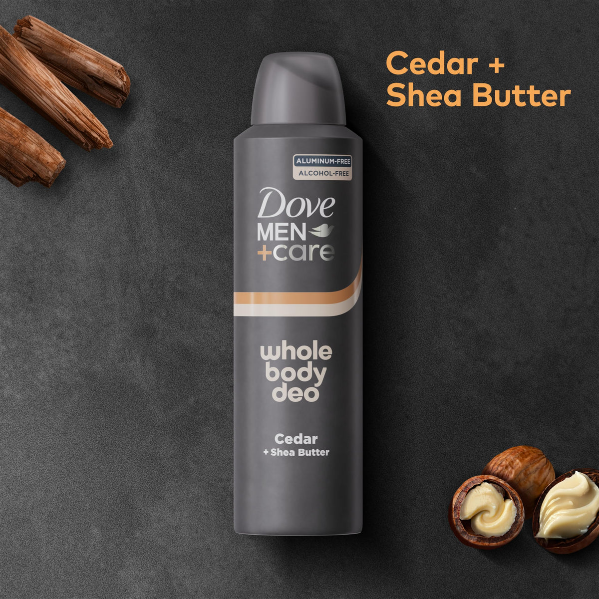 DOVE MEN + CARE Whole Body Deo Spray Cedar + Shea Butter cap detail