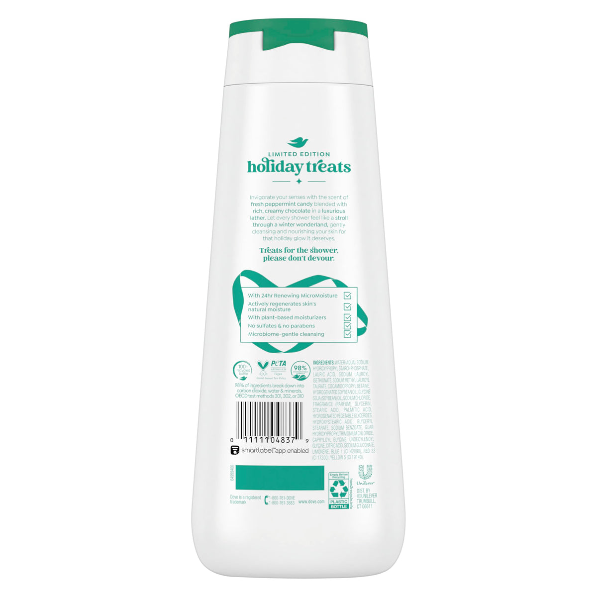 Dove Peppermint Bark Body Wash bottle with peppermint and chocolate decorations