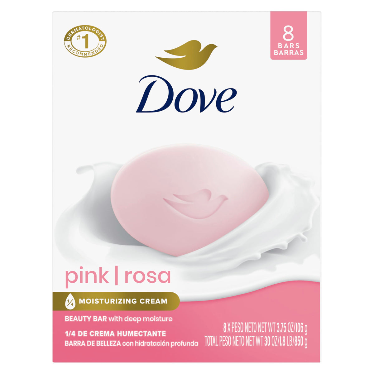 Dove Pink Rosa Beauty Bar Soap 8 Count front view